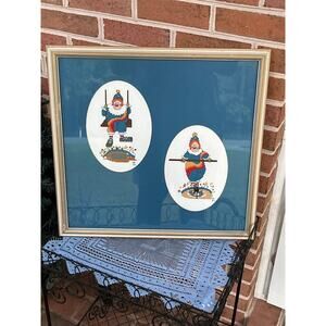 Framed BUCILLA Two Clown Needlepoint Wall Decor Trike Swing Completed Matted